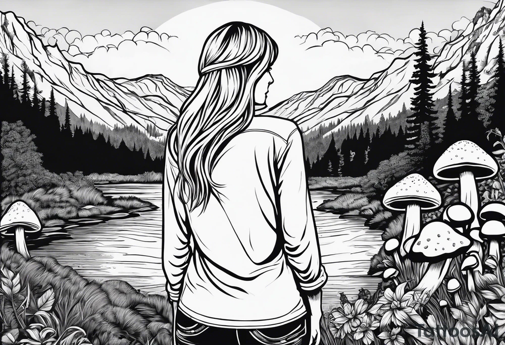 Whole picture encircled fully

Straight long blonde hair hippie girl in distance holding mushrooms in hand facing away toward mountains and creek surrounded by mushrooms long sleeve shirt and hiking pants; whole rendering within a full circle, no cut off circle tattoo idea