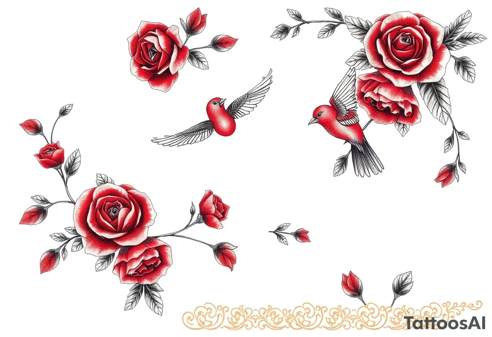 Vintage lace, red roses, red birds, vintage tattoo idea