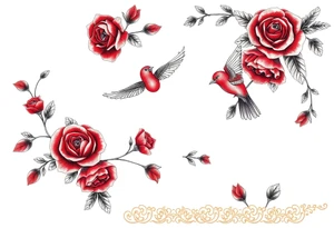 Vintage lace, red roses, red birds, vintage tattoo idea