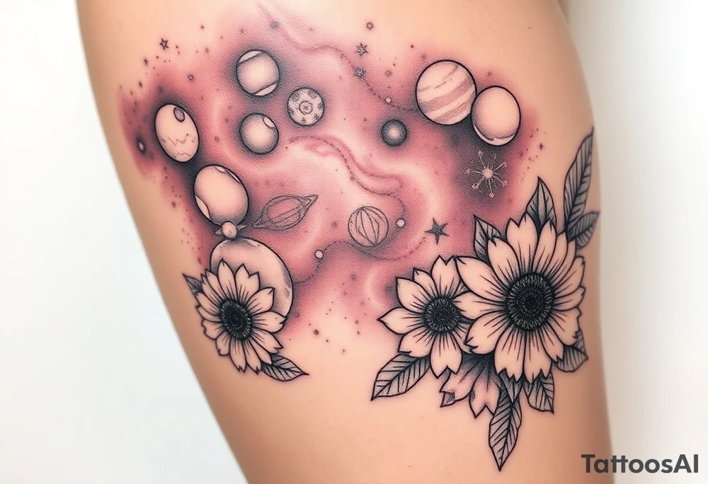 Milky way galaxy with planets with zodiac symbols and protection runes in it with tigerlillies roses and sunflowers tattoo idea