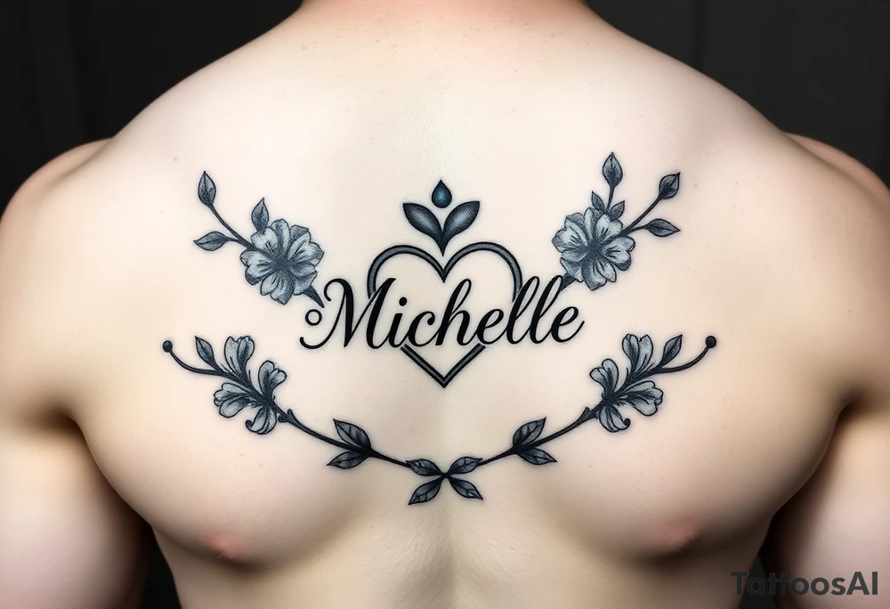 Design a tattoo for a man’s chest of a woman’s name (Michelle). Incorporate a subtle Irish Claddagh. Have the name Michelle separate to the heart. Make the tattoo tasteful and elegant. Incorporate Irish wildflowers tattoo idea