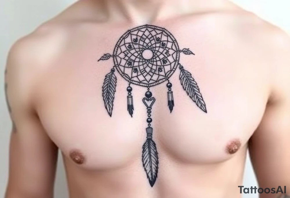 native dreamcatcher with flowing feathers and sacred beads tattoo idea