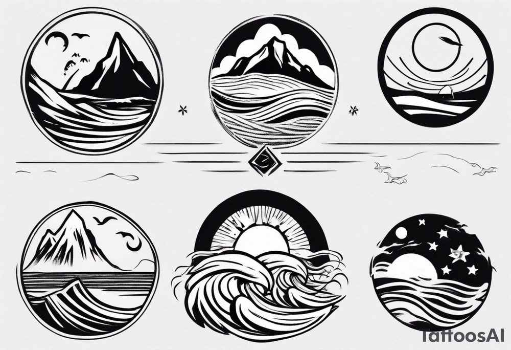 mountains, beach, waves, sun tattoo idea