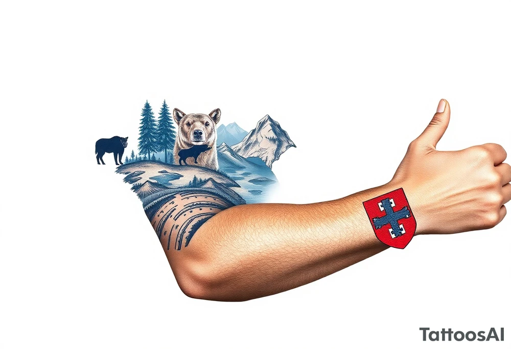 A full-sleeve with the Härjedalen landscape, reindeer, bear, lakes, mountains (Helags), cross and Härjedalen's coat of arms on the hand tattoo idea