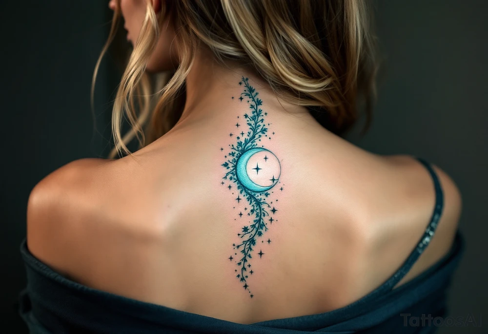 Flowing in teal ink across the spine, “Through Hardships to the stars” is crowned with a glowing white moon. tattoo idea