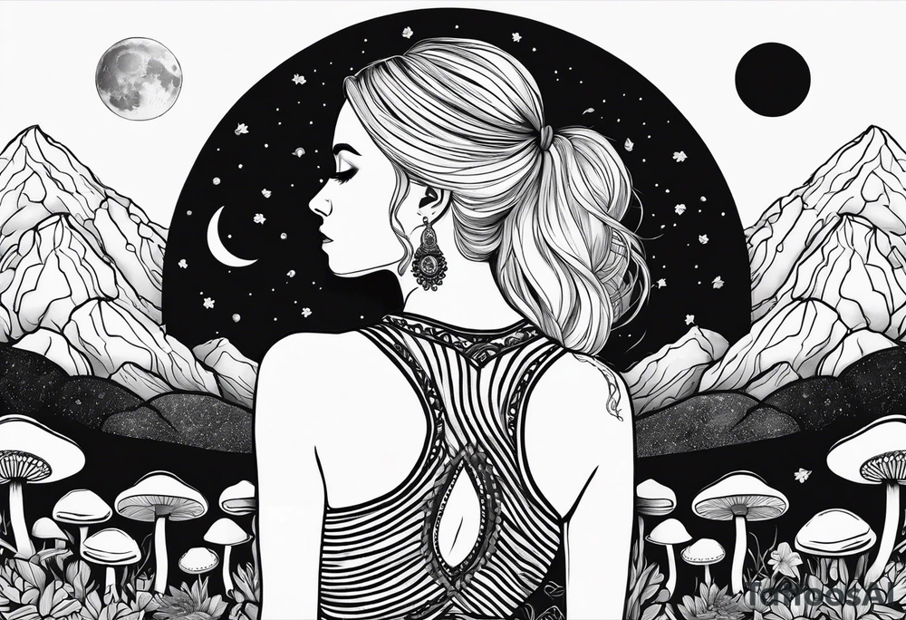 Straight blonde hair girl holding mushrooms in hand meditating facing away toward mountains surrounded by mushrooms crescent moon mandala circular design black and white striped dress tattoo idea