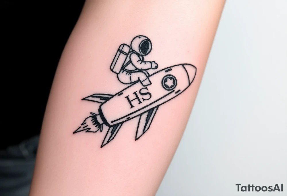 Busted Rocket ship with sparks coming out the back  with astronaut riding it. It has LHS written on it tattoo idea