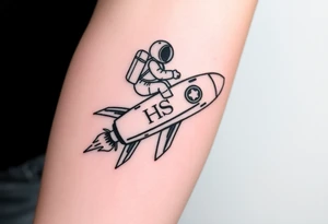 Busted Rocket ship with sparks coming out the back  with astronaut riding it. It has LHS written on it tattoo idea