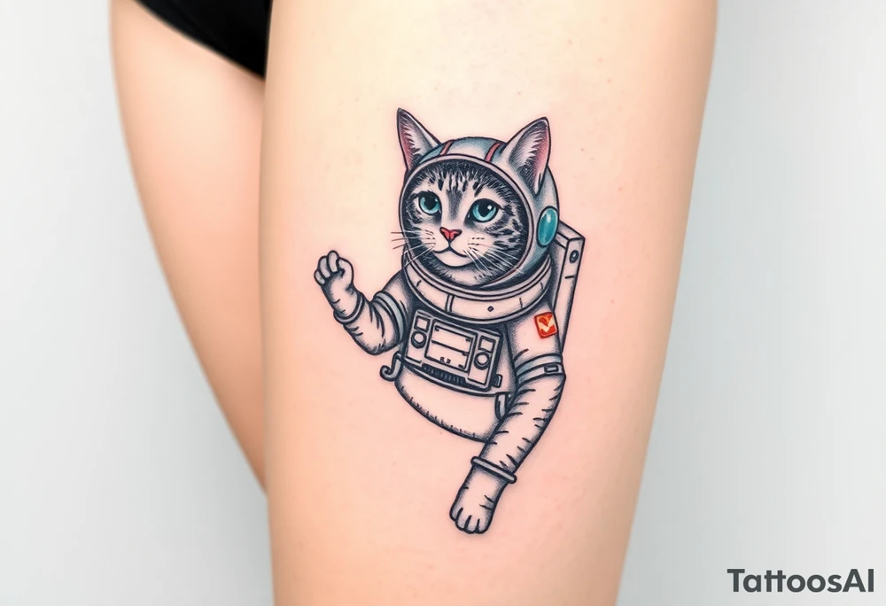 Cat with astronaut suit in outer space tattoo idea