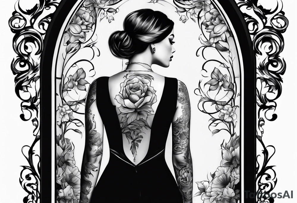 Someone in front of a standing big mirror tattoo idea