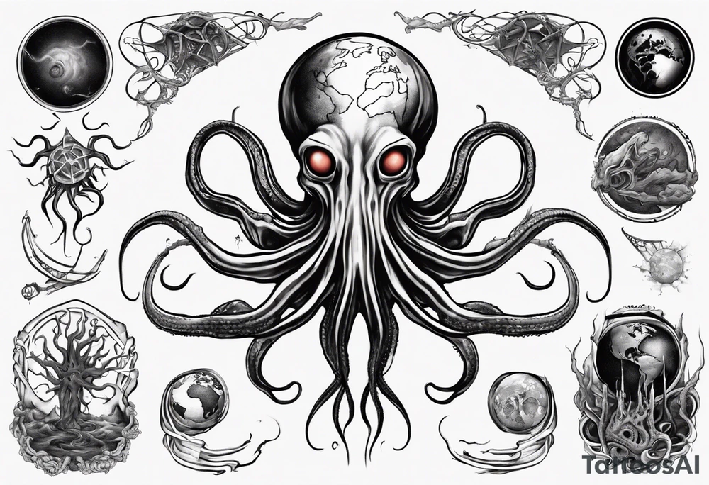 a tattoo on the theme of lovecraft, with long tentacles that embrace the earth tattoo idea