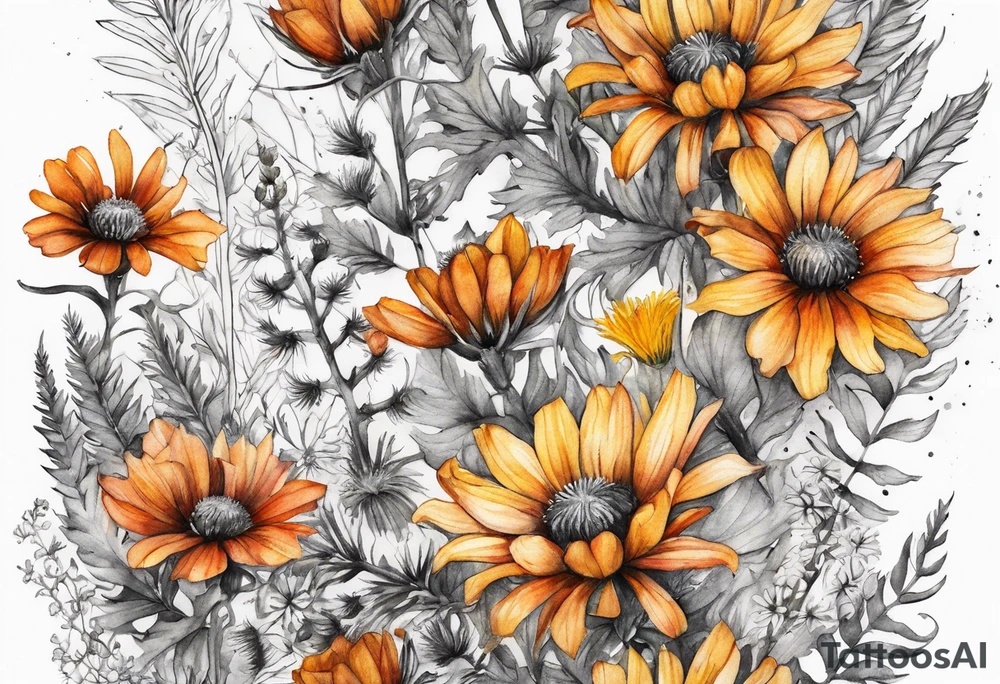 cascading mixed wildflowers with thistles, ferns, burnt orange white and yello flowers all in watercolor tattoo idea