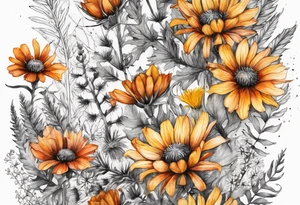 cascading mixed wildflowers with thistles, ferns, burnt orange white and yello flowers all in watercolor tattoo idea