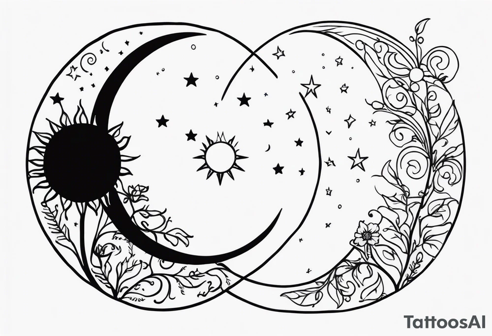 Matching friend tattoos, moon and sun, floral, vines, small tattoo idea