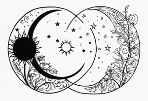 Matching friend tattoos, moon and sun, floral, vines, small tattoo idea