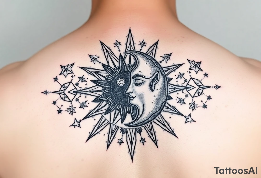 celestial sun and moon embrace with panther constellation patterns tattoo idea