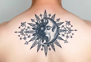 celestial sun and moon embrace with panther constellation patterns tattoo idea