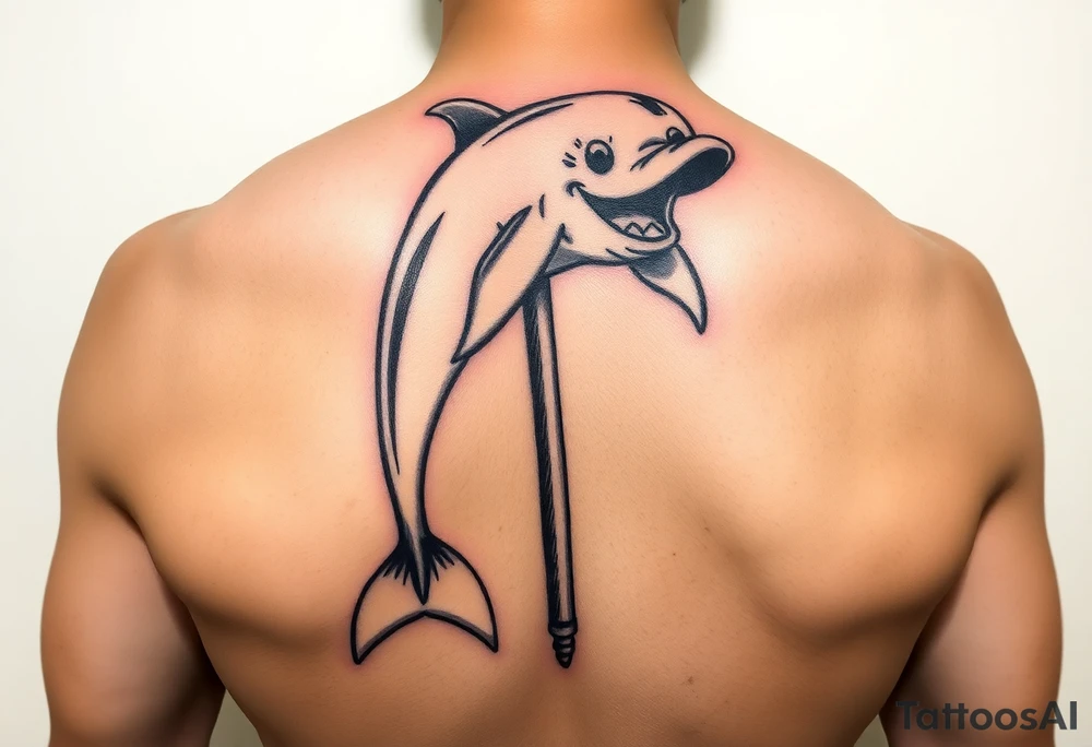 Cartoon dolphin on a stripper pole with a mischievous face tattoo idea