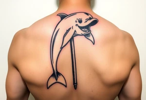 Cartoon dolphin on a stripper pole with a mischievous face tattoo idea