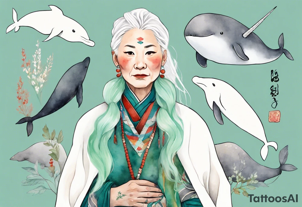 a 45-year-old Sami woman with white  hair wearing a white and mint cloak next to a narwhal tattoo idea
