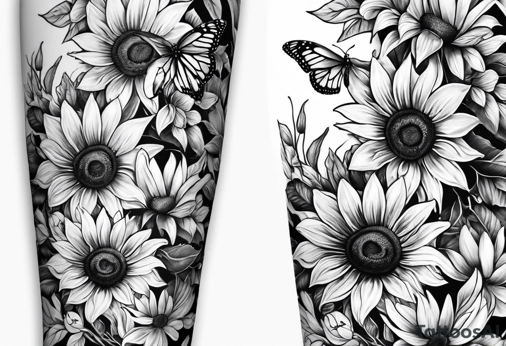 Arm sleeve with sunflowers and butterflies tattoo idea