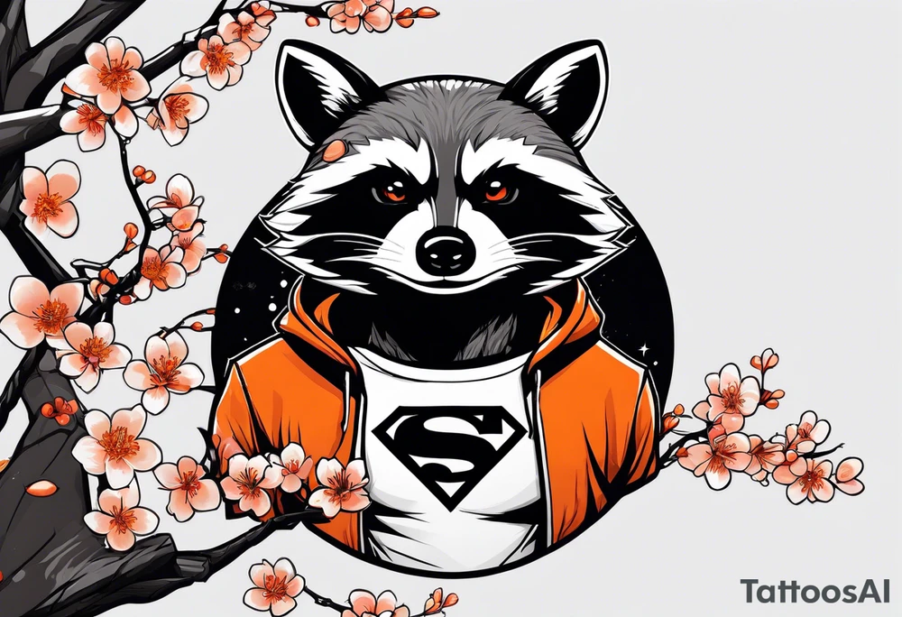 Raccoon wearing a white Superman logo on a black hoodie and orange Japanese cherry blossoms beside tattoo idea