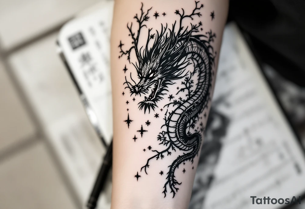 detailed dragon japanese style sakura trees abstract lines dark/rough aesthetic tattoo idea