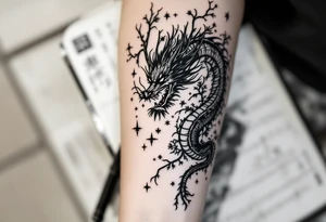 detailed dragon japanese style sakura trees abstract lines dark/rough aesthetic tattoo idea