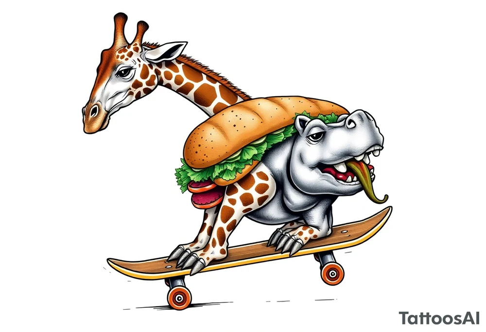 Majestic giraffe riding a skateboard and eating a hippo sandwich do not combine the animals tattoo idea