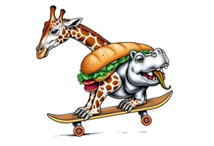 Majestic giraffe riding a skateboard and eating a hippo sandwich do not combine the animals tattoo idea
