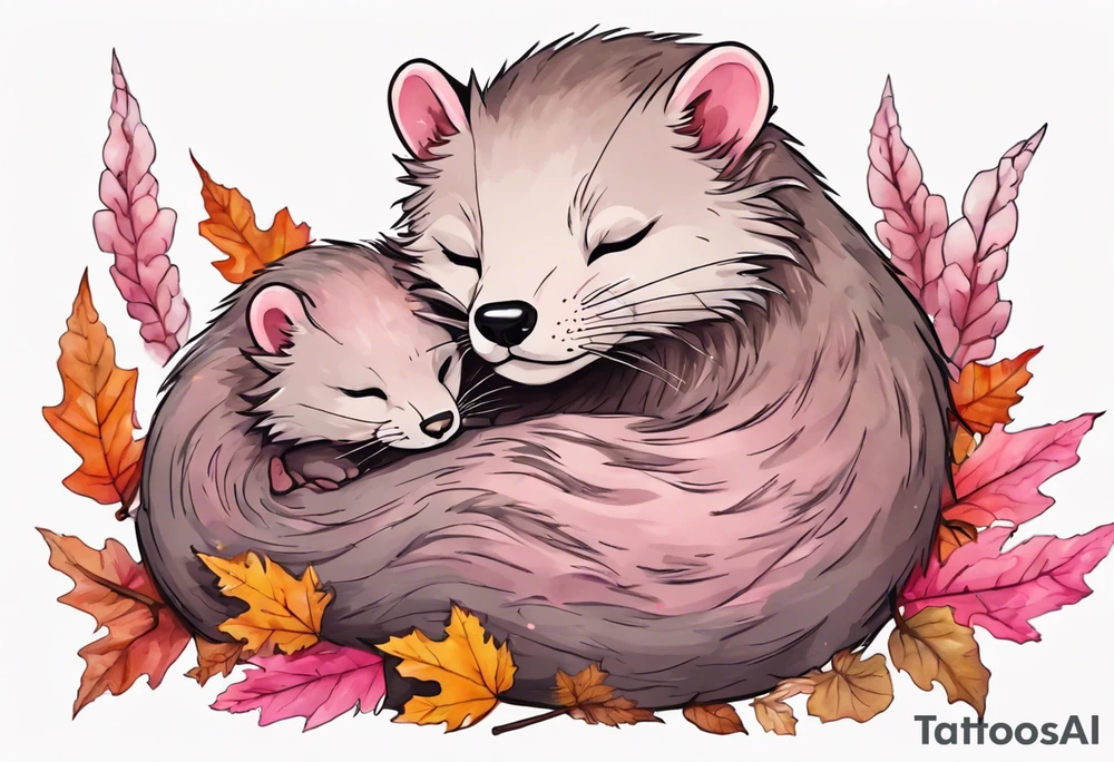 a mink with pink fur and pink ears sleeping in the autumn forest with a pile of bones tattoo idea