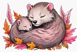 a mink with pink fur and pink ears sleeping in the autumn forest with a pile of bones tattoo idea