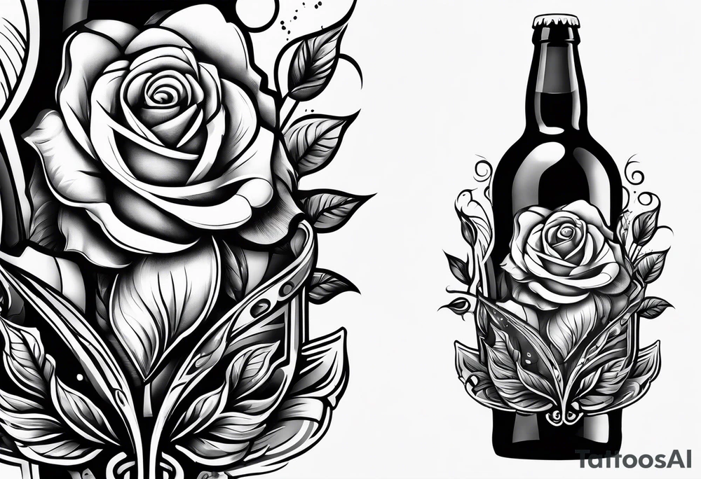 A bottle of beer and a stalk of rose in the bucket tattoo idea
