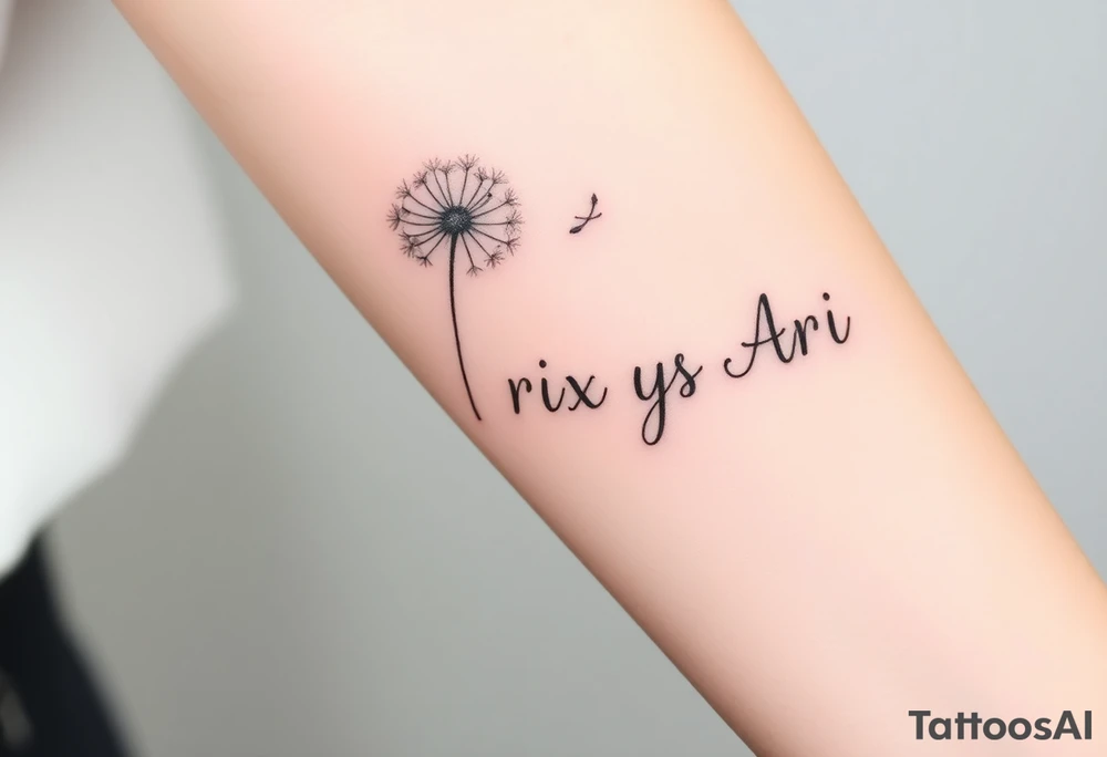 Rix Rys Ari realistic watercolor This image features a delicate dandelion tattoo on a person’s skin, with fine lines and soft shading. The dandelion’s stem extends from the bottom left corner, leading to the detailed flower head, which appears to be dispersing its seeds. The seeds are shown floating away in a natural, wind-swept motion, symbolizing freedom, change, and new beginnings.

The tattoo has a subtle watercolor effect with a gentle pinkish hue around the base of the dandelion, adding depth and softness to the design. The fine-line work gives it a refined and elegant look. tattoo idea