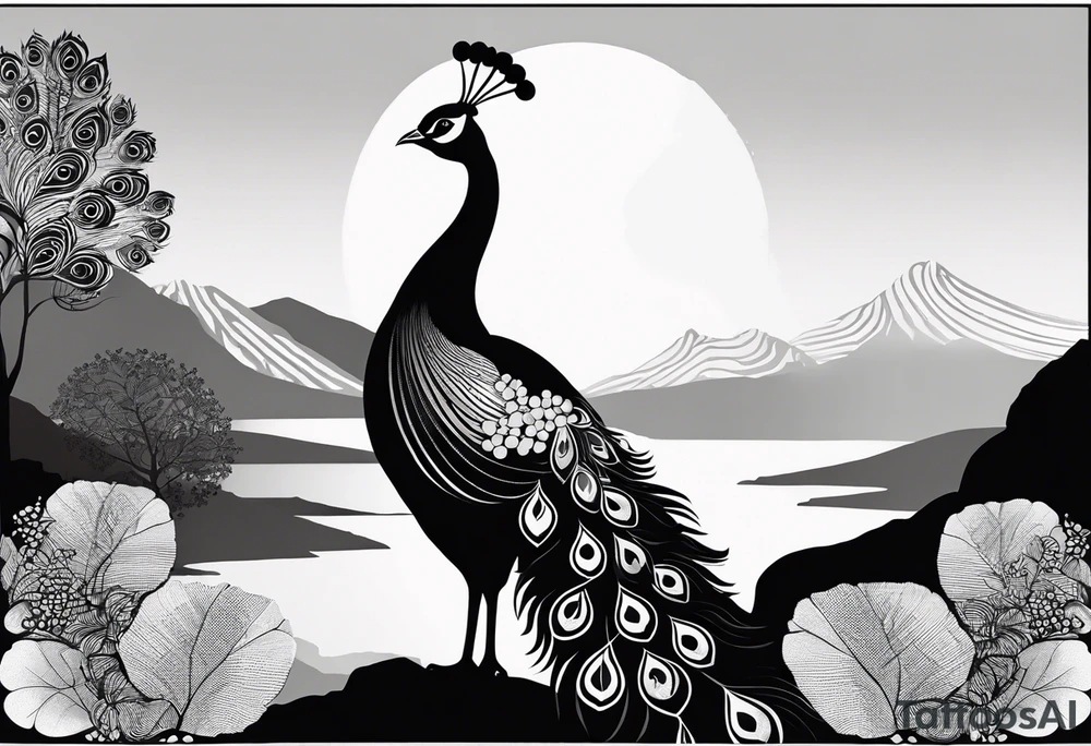 Black and white silhouette illustration of a peacock with a beautifully fanned tail, standing on a rock. The intricate lines of the peacock’s feathers are elegantly arranged, emphasizing the grandeur of its tail. The rock is surrounded by abstract representations of grape leaves. The background features stylized, minimalistic mountain shapes, trees, and distant buildings. The overall scene is enveloped in a foggy atmosphere, with soft, flowing lines to suggest mist and depth. The contrast between the silhouette of the peacock and the misty landscape creates a serene, dreamlike composition. tattoo idea