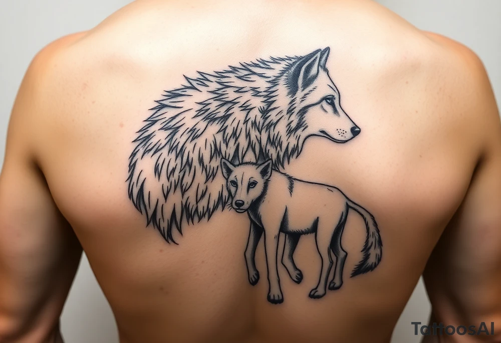 A solitary yet sublime and noble wolf and its progeny. tattoo idea