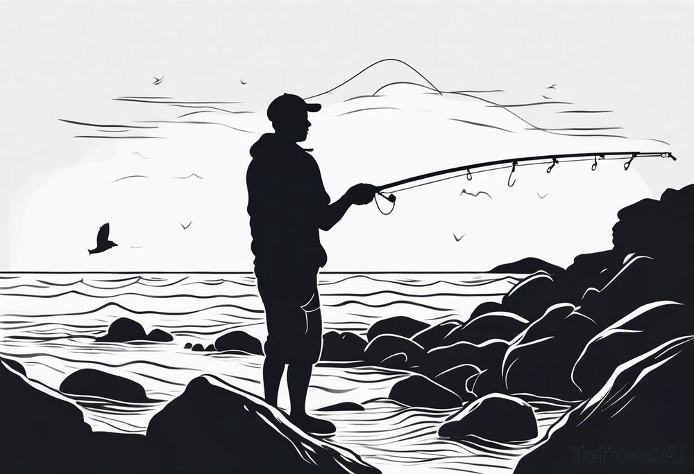 man fishing on a rocky beach silhouette tattoo idea