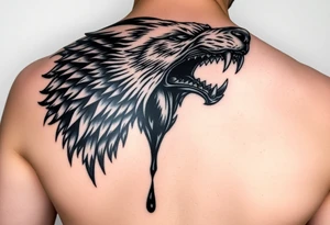 Fierce and demonic wolf with extra elongated muzzle and sharp teeth, swallowing a dripping black hole. Placement on sleeve. tattoo idea