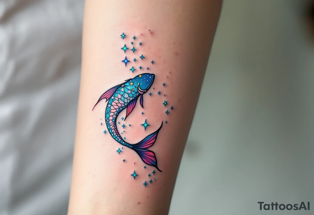 The Pisces constellation is dotted with tiny aquamarine stars that flow like water along the spine. tattoo idea