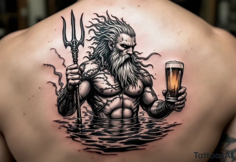 poseidon in calm water, holding a trident, holding a beer tattoo idea