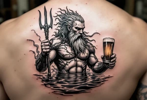 poseidon in calm water, holding a trident, holding a beer tattoo idea