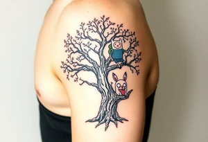 tree wrapped around forearm with adventure time characters Finn, Jake, Princess bubblegum and marceline on the tree in color tattoo idea