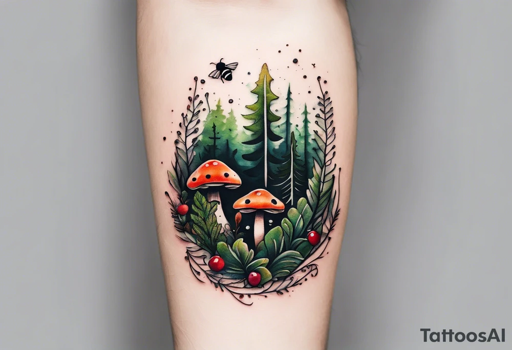 forest floor inspired minimalist tattoo, which includes grass, curly ferns, moss and dead leaves as the bulk of the tattoo. details to include: forest berries, a tiny bumblebee flying nearby, three small brown mushrooms
Generate a vertically long one tattoo idea