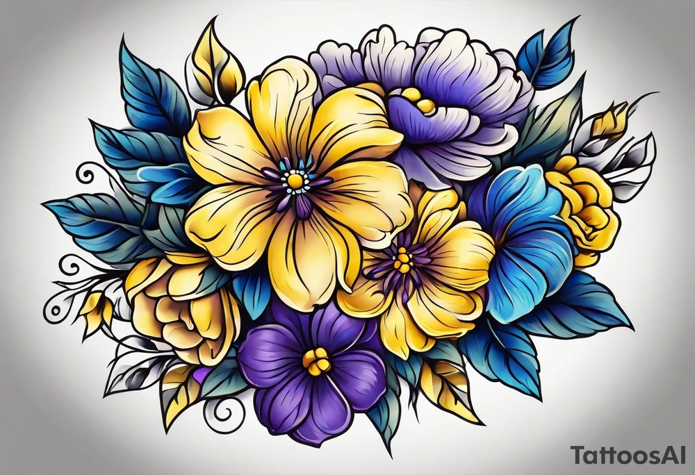 Blue yellow and purple flowers arm sleeve tattoo idea