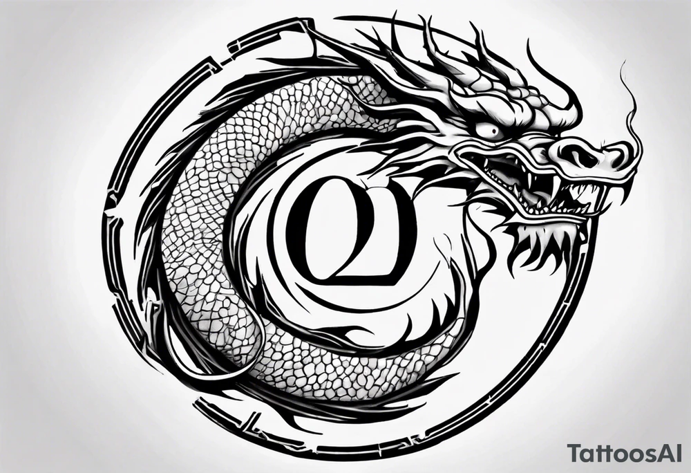 Chinese dragon in a circular shape with "02.03" written on its skin tattoo idea