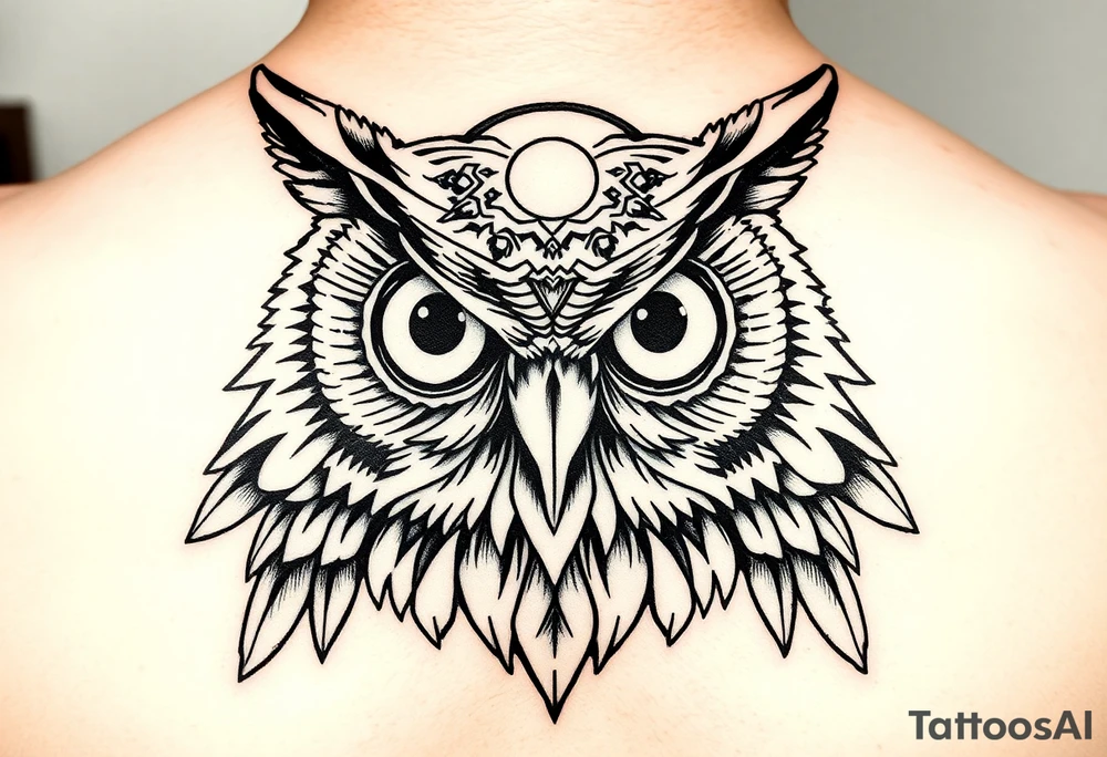 Owl head with large intense tripping on acid colored eyes without pupils, geometry style  and geometry and glowing circle on the forheadl tattoo idea