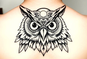 Owl head with large intense tripping on acid colored eyes without pupils, geometry style  and geometry and glowing circle on the forheadl tattoo idea