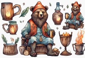 a bear-human hybrid with a long beard wearing a tunic and Phrygian cap, sitting in a chair by a hearth, drinking from a wooden mug, smiling, drunk, reed cheeks tattoo idea