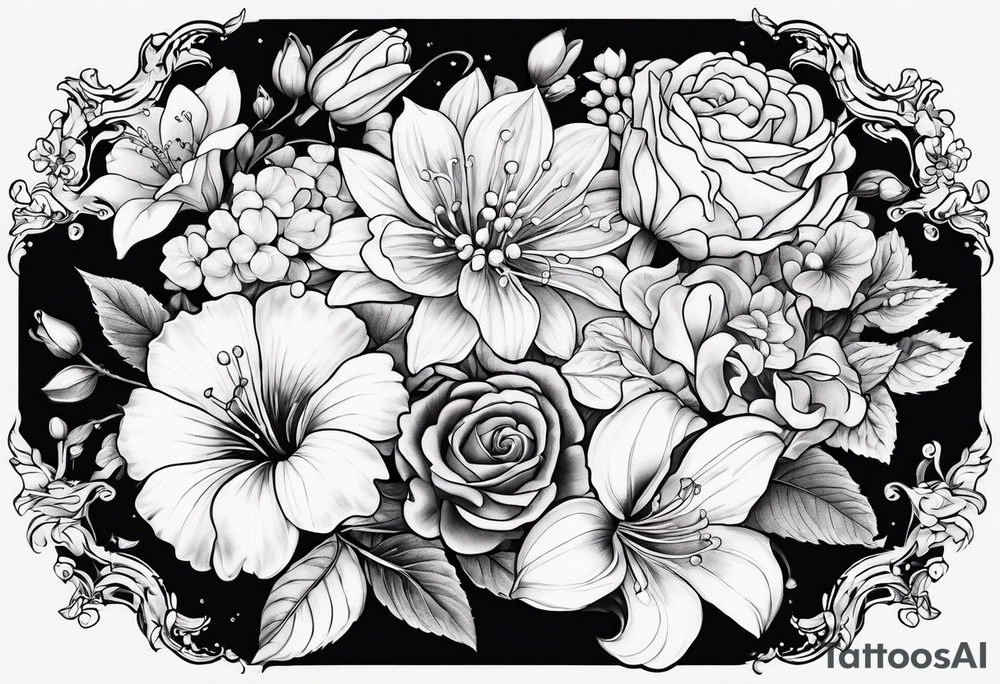 Bouquet of roses, violets, chrysanthemums, morning glories, and lily of the valley tattoo idea