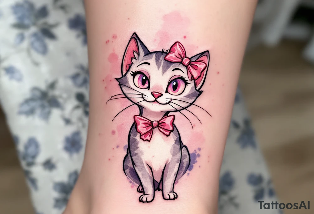 The Aristocats’ most ladylike cat, Marie with two pink bows, shines in this pink-accented watercolor tattoo. tattoo idea
